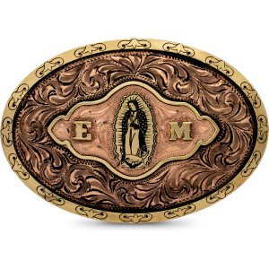 A custom belt buckle for women featuring La Virgen de Guadalupe figure built on a copper hand engraved oval base 